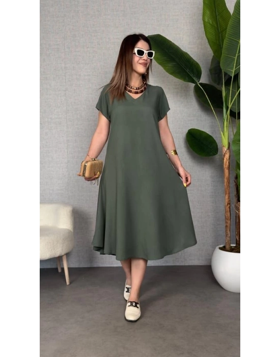 Kadın Kısa Kollu V Yaka Salaş Maxi Boy Elbise