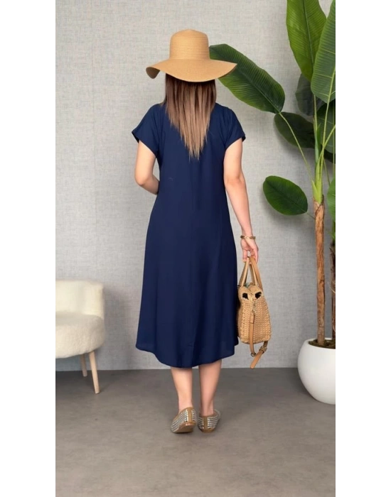 Kadın Kısa Kollu V Yaka Salaş Maxi Boy Elbise