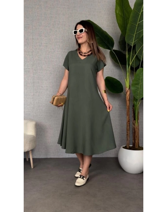 Kadın Kısa Kollu V Yaka Salaş Maxi Boy Elbise