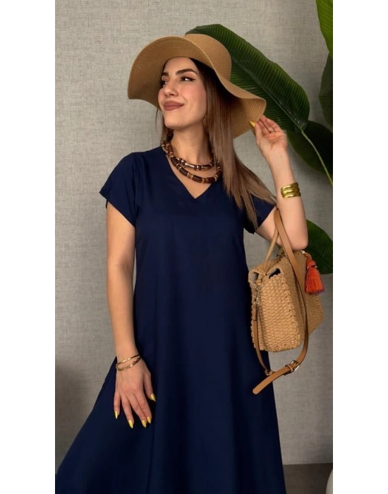 Kadın Kısa Kollu V Yaka Salaş Maxi Boy Elbise
