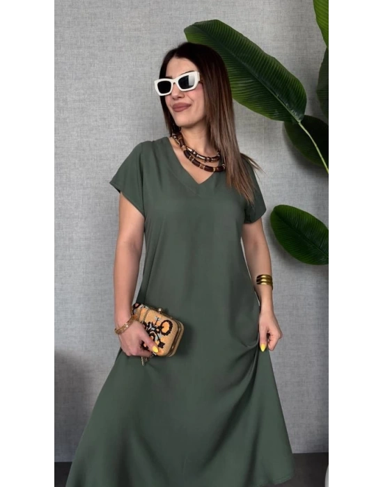 Kadın Kısa Kollu V Yaka Salaş Maxi Boy Elbise
