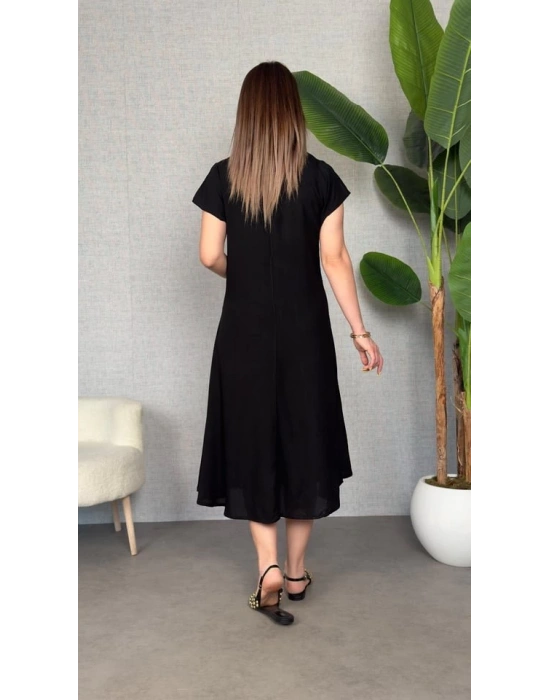 Kadın Kısa Kollu V Yaka Salaş Maxi Boy Elbise