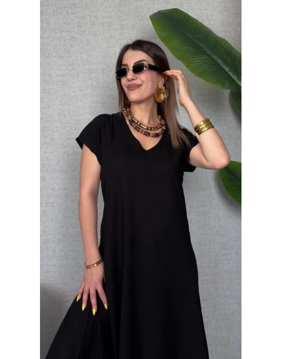 Kadın Kısa Kollu V Yaka Salaş Maxi Boy Elbise