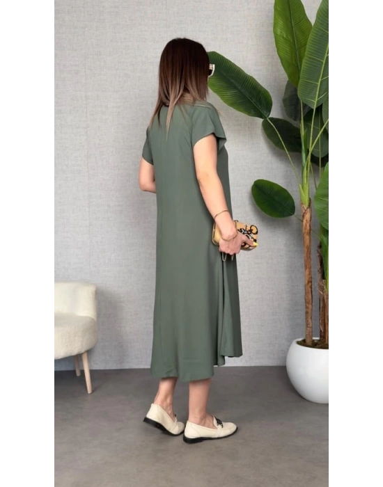 Kadın Kısa Kollu V Yaka Salaş Maxi Boy Elbise