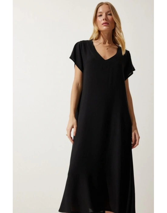 Kadın Kısa Kollu V Yaka Salaş Maxi Boy Elbise