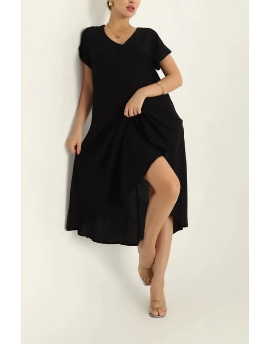 Kadın Kısa Kollu V Yaka Salaş Maxi Boy Elbise