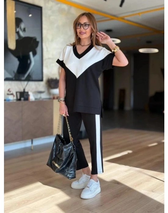 Kadın Kısa Kollu V Yaka Siyah Beyaz Renkli Viskon Iki Iplik Kumaş Eşofman Takımı