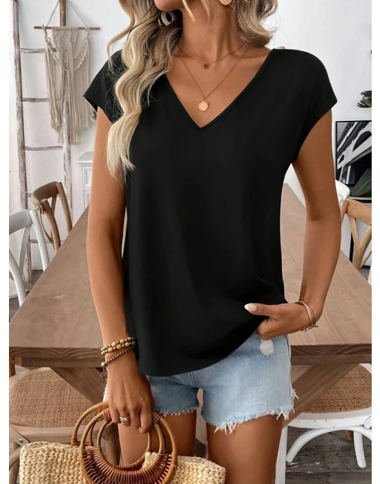 Kadın Kısa Kollu V Yakalı Arkadan Kurdele Detaylı Viskon Bluz