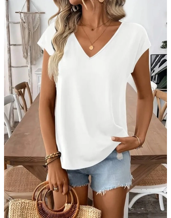 Kadın Kısa Kollu V Yakalı Arkadan Kurdele Detaylı Viskon Bluz