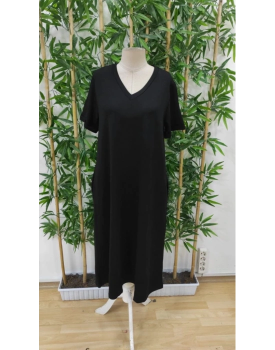 Kadın Kısa Kollu V Yakalı Cep Detaylı Uzun Viskon Iki Iplik Elbise