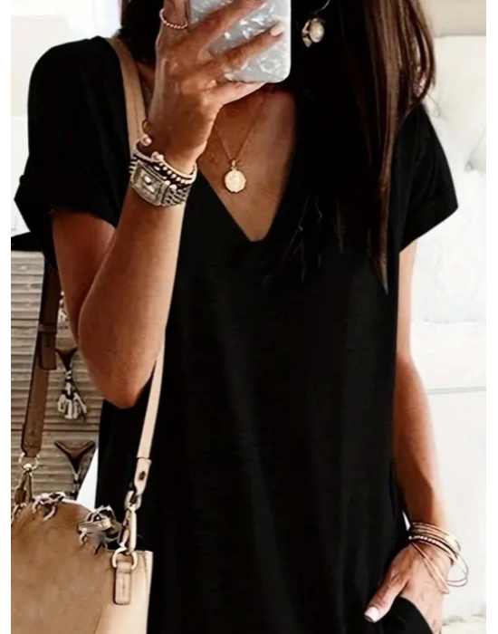 Kadın Kısa Kollu V Yakalı Cepli Kısa Viskon Elbise