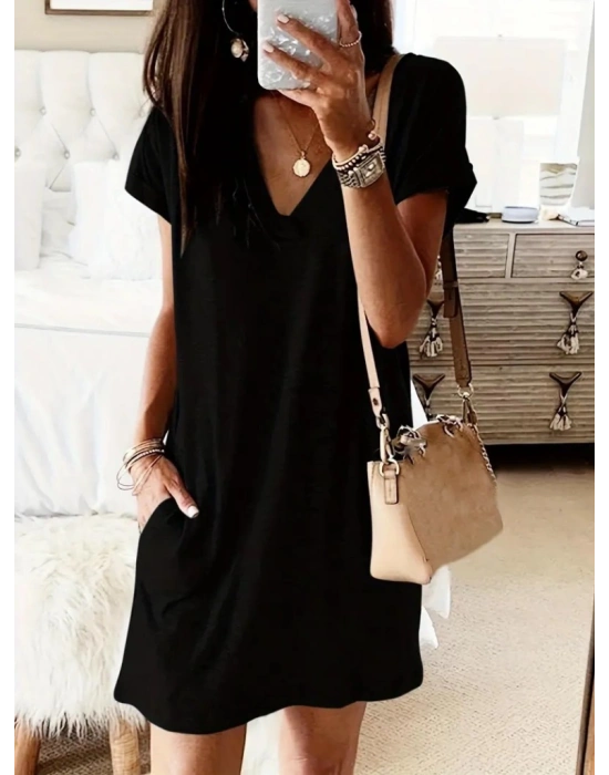 Kadın Kısa Kollu V Yakalı Cepli Kısa Viskon Elbise