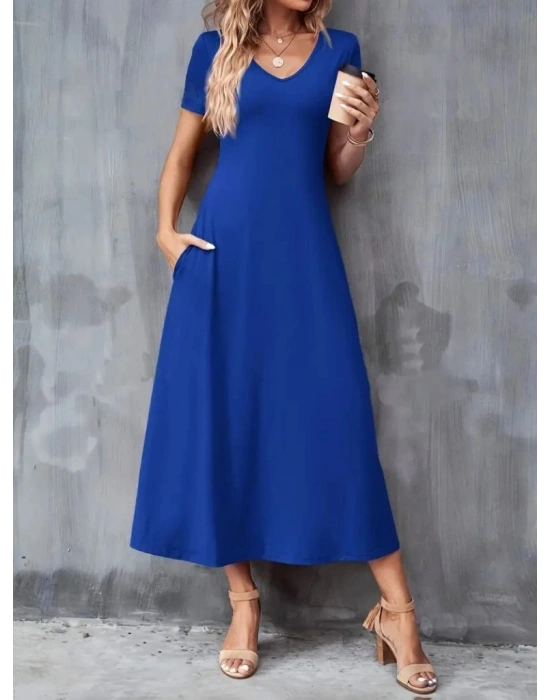 Kadın Kısa Kollu V Yakalı Cepli Viskon Elbise