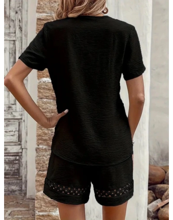 Kadın Kısa Kollu V Yakalı Dantel Detaylı Bürümcük Bluz Ve Short Ikili Takım