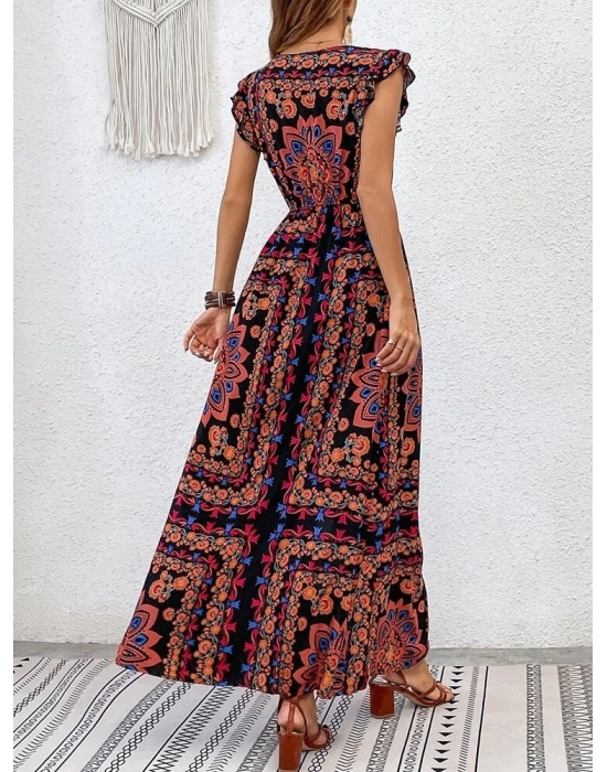 Kadın Kısa Kollu V Yakalı Deseni Yırtmaçlı Süprem Elbise