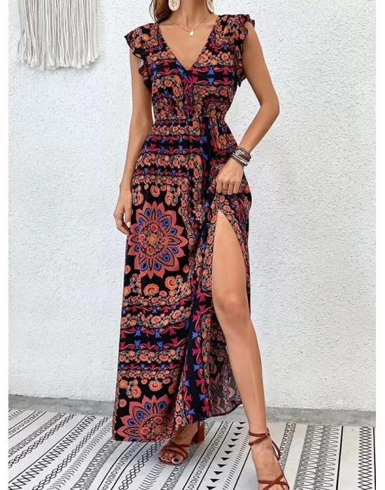 Kadın Kısa Kollu V Yakalı Deseni Yırtmaçlı Süprem Elbise