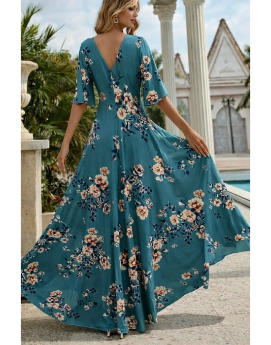 Kadın Kısa Kollu V Yakalı Desenli Süprem Elbise