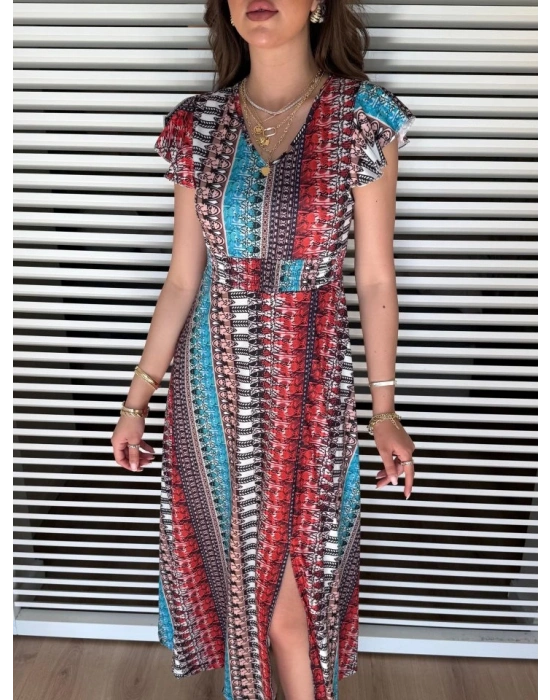 Kadın Kısa Kollu V Yakalı Desenli Yandan Yırtmaçlı Süprem Elbise