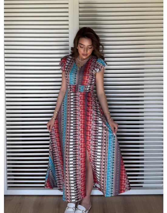 Kadın Kısa Kollu V Yakalı Desenli Yandan Yırtmaçlı Süprem Elbise