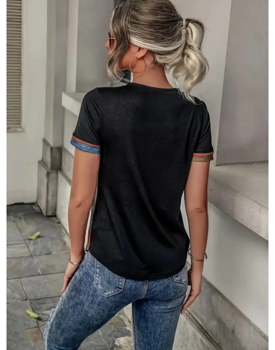 Kadın Kısa Kollu V Yakalı Düğmeli çok Renkli Süprem Bluz