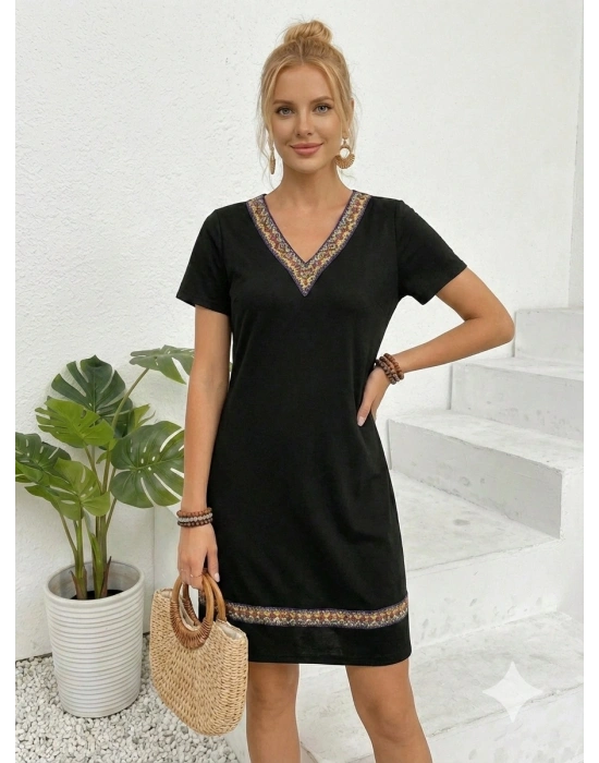 Kadın Kısa Kollu V Yakalı Etnik Desen şerit Detaylı Viskon Elbise