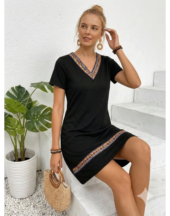 Kadın Kısa Kollu V Yakalı Etnik Desen şerit Detaylı Viskon Elbise