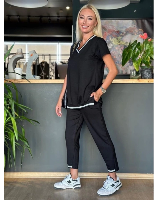 Kadın Kısa Kollu V Yakalı Iki Iplik Bluz Ve Pantolon Ikili Takım