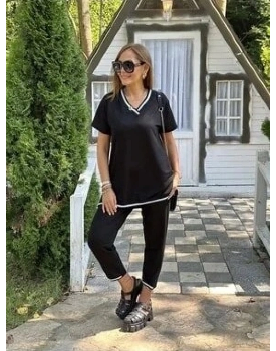 Kadın Kısa Kollu V Yakalı Iki Iplik Bluz Ve Pantolon Ikili Takım