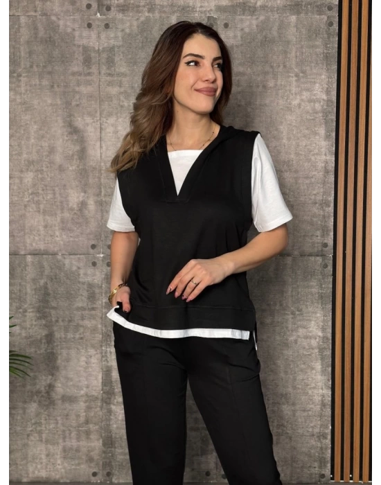 Kadın Kısa Kollu V Yakalı Kapşonlu Viskon Iki Iplik Bluz Ve Pantolon Takım