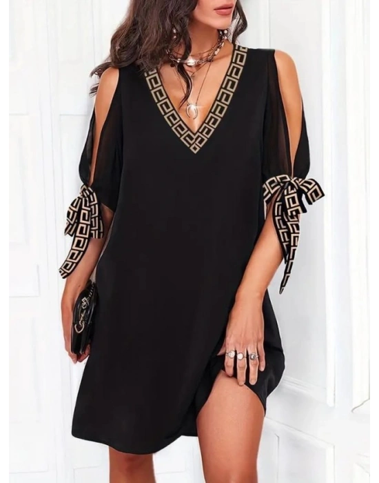 Kadın Kısa Kollu V Yakalı Kısa Sandy Elbise