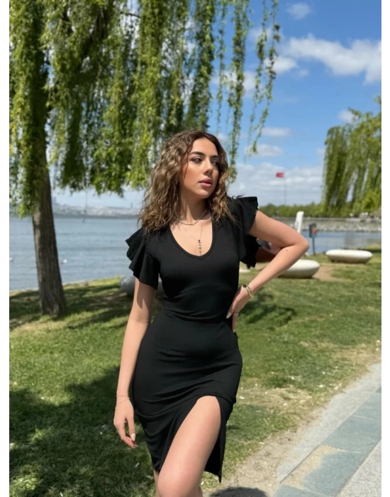 Kadın Kısa Kollu V Yakalı Kolları Volanlı Yandan Yırtmaçlı Kısa Janjan Krep Elbise
