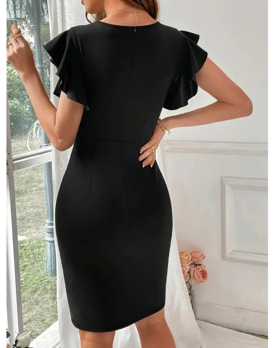 Kadın Kısa Kollu V Yakalı Kolları Volanlı Yandan Yırtmaçlı Kısa Janjan Krep Elbise