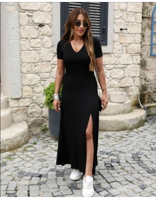 Kadın Kısa Kollu V Yakalı Maksi Boy Viskon Elbise