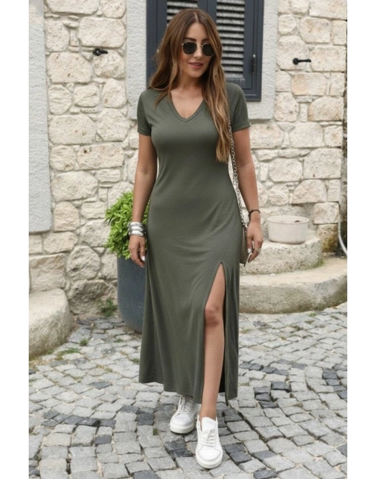 Kadın Kısa Kollu V Yakalı Maksi Boy Viskon Elbise