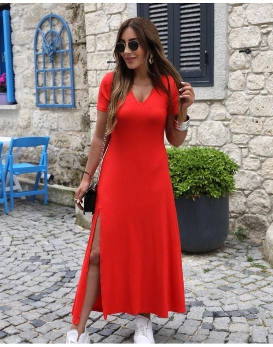 Kadın Kısa Kollu V Yakalı Maksi Boy Viskon Elbise