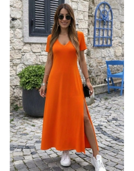 Kadın Kısa Kollu V Yakalı Maksi Boy Viskon Elbise