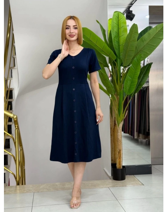 Kadın Kısa Kollu V Yakalı önden Düğmeli A Kesim Dokuma Elbise
