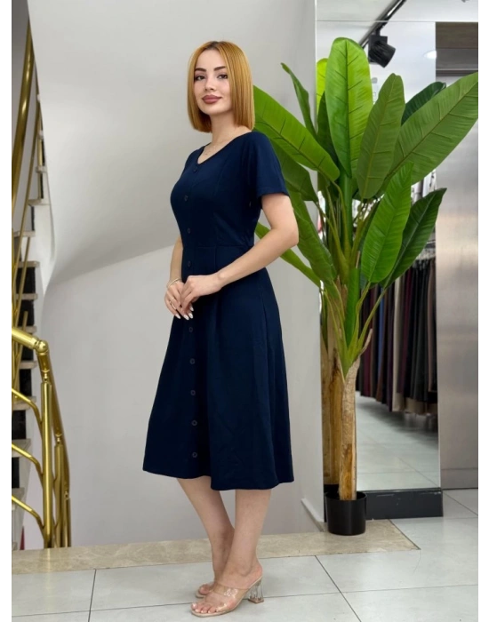 Kadın Kısa Kollu V Yakalı önden Düğmeli A Kesim Dokuma Elbise