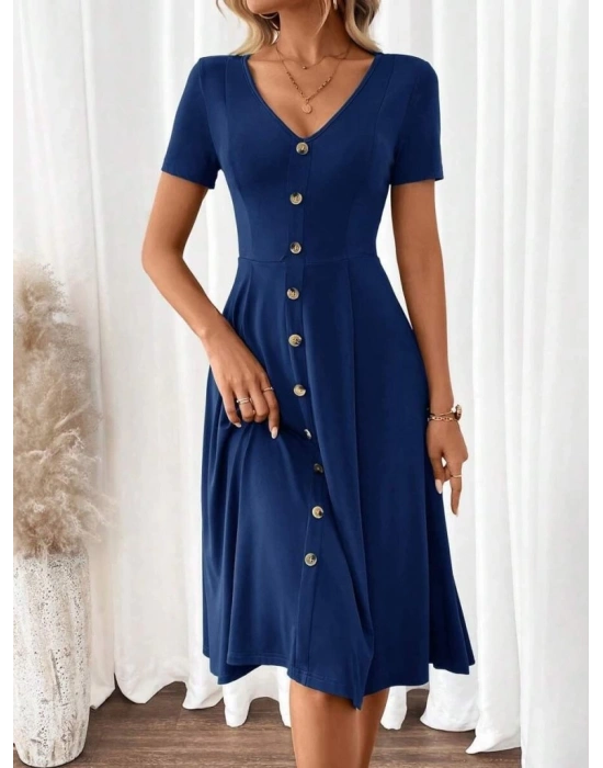 Kadın Kısa Kollu V Yakalı önden Düğmeli A Kesim Dokuma Elbise