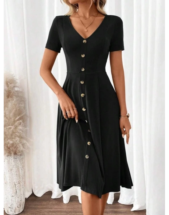 Kadın Kısa Kollu V Yakalı önden Düğmeli A Kesim Dokuma Elbise