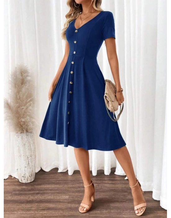 Kadın Kısa Kollu V Yakalı önden Düğmeli A Kesim Dokuma Elbise