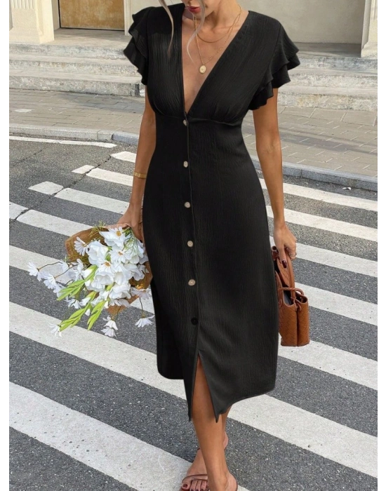 Kadın Kısa Kollu V Yakalı önden Düğmeli Bürümcük Midi Elbise