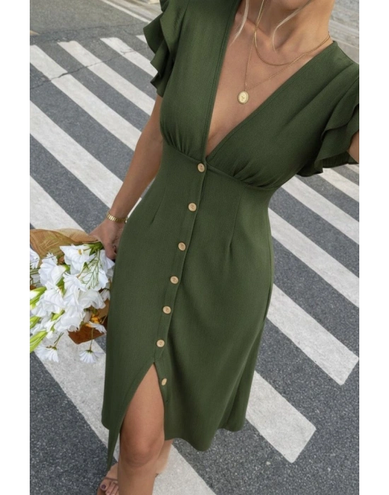 Kadın Kısa Kollu V Yakalı önden Düğmeli Bürümcük Midi Elbise