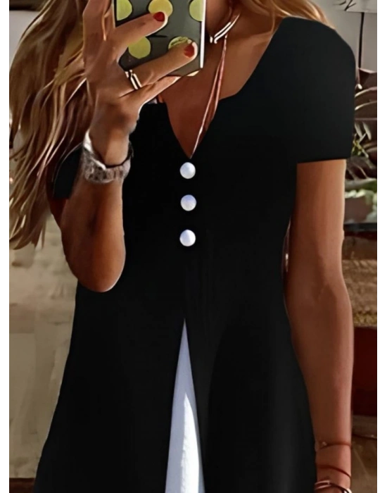 Kadın Kısa Kollu V Yakalı önden Düğmeli çift Renkli Viskon Elbise