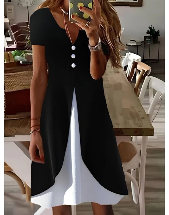 Kadın Kısa Kollu V Yakalı önden Düğmeli çift Renkli Viskon Elbise