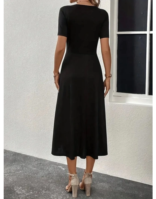 Kadın Kısa Kollu V Yakalı önden Düğmeli Yırtmaçlı Midi Viskon Elbise