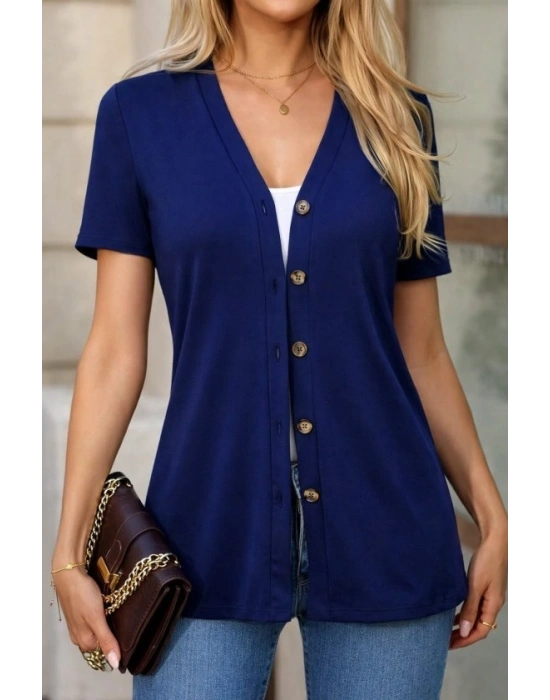 Kadın Kısa Kollu V Yakalı önü Düğmeli Viskon Bluz