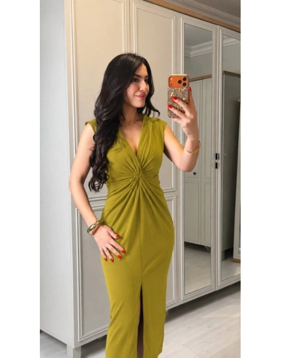 Kadın Kısa Kollu V Yakalı önü Sarmal Detaylı Yırtmaçlı Sandy Midi Elbise
