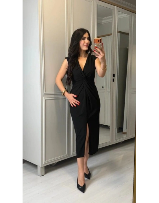 Kadın Kısa Kollu V Yakalı önü Sarmal Detaylı Yırtmaçlı Sandy Midi Elbise