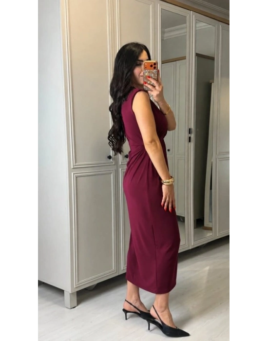 Kadın Kısa Kollu V Yakalı önü Sarmal Detaylı Yırtmaçlı Sandy Midi Elbise